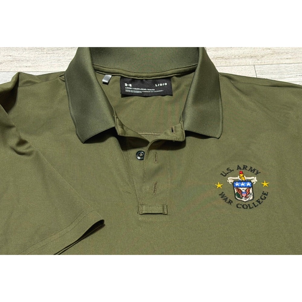 Under Armour US Army War College Polo Shirt Mens Large Green Short Sleeve Loose